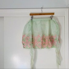 Vintage Floral Embroidered Half Apron Mint Green Pink Sheer Scalloped Retro