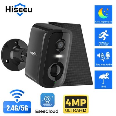 Hiseeu 4MP Outdoor Solar Battery Powered Wireless 5G WIFI Security Camera Audio