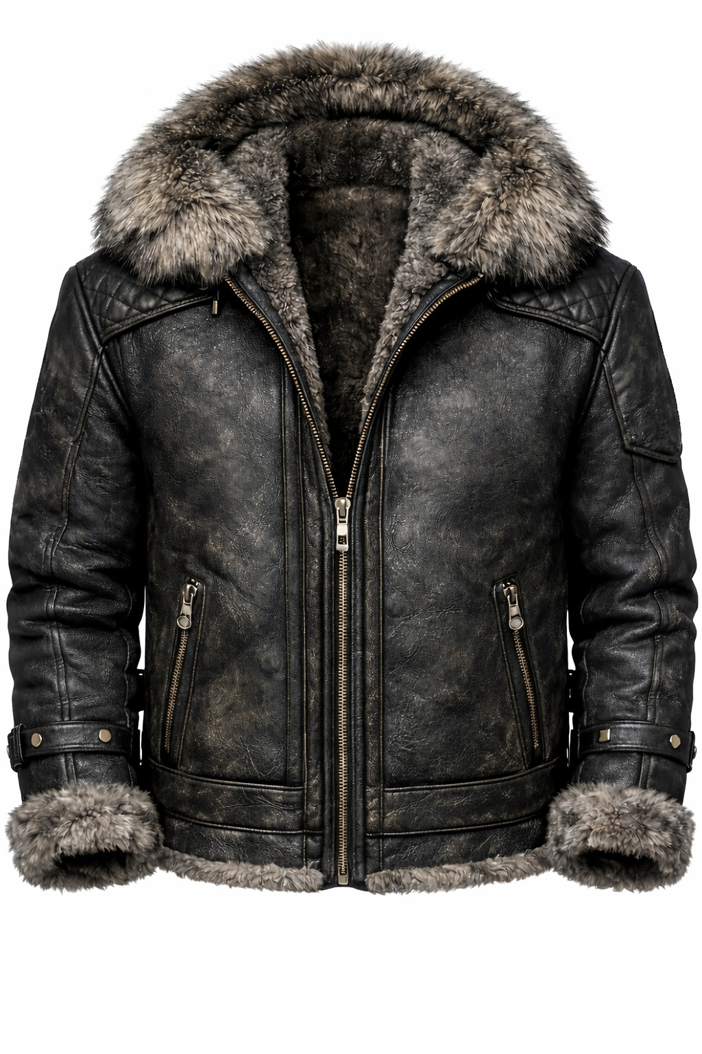 Men’s Black Sheepskin Leather Hooded Aviator Jacket – Faux Fur Insulated Handmad