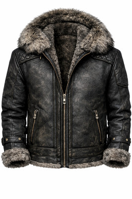 Men s Black Sheepskin Leather Hooded Aviator Jacket   Faux Fur Insulated Handmad