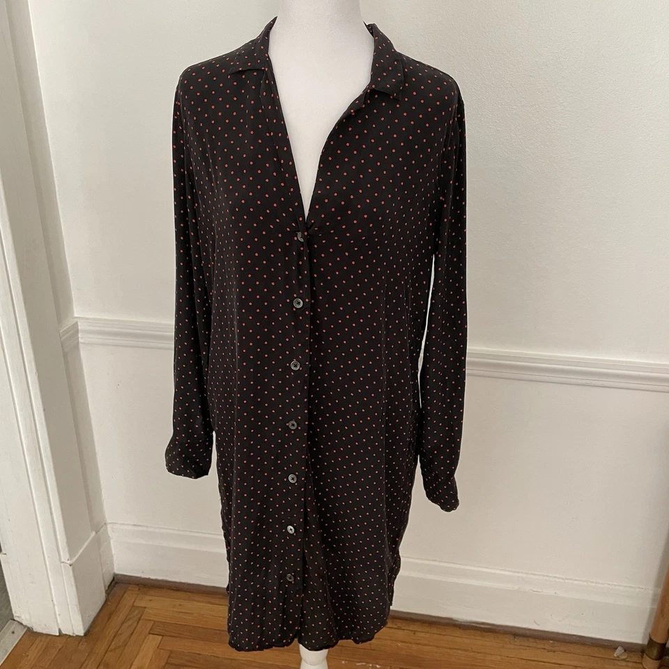 Kate Moss Equipment Womens Black Red Dots Collared Button Up Shirt Dress Sz S - Image 2 of 4