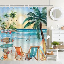 Blue Ocean Beach 72x72" Tropical Palm Tree Sunset Shower Curtain 12 Hook Set