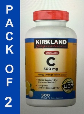 Kirkland Vitamin C Tang Orange 500mg, 500 Chewable Tabs Each Bottle PACK OF 2