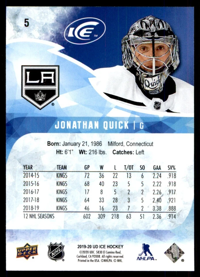 2019-20 Upper Deck Ice Jonathan Quick Los Angeles Kings #5 - Image 2 of 2