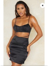PrettyLittleThing Black Satin Ruched Cup Cut Out V Waist Bodycon Dress Size 4
