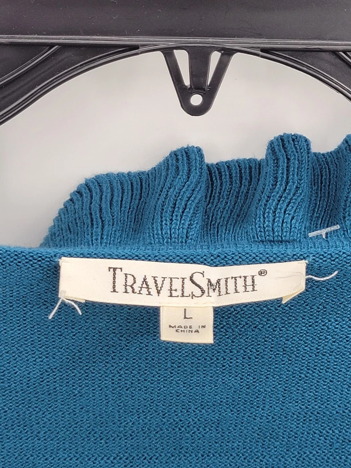 TravelSmith 毛衣女式大号蓝色荷叶边 V 领长袖针织套衫 — 第 3/4 张图片