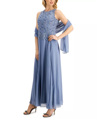 $269 Jkara Dusty Blue Scalloped Bead Chiffon Evening Gown With Scarf 6 NEW  J721 | eBay