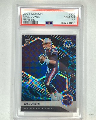how rare are mosaic genesis cards Mac Jones Panini Mosaic Genesis PSA 10 Rookie Prizm #306 GEM MINT Patriots  SP