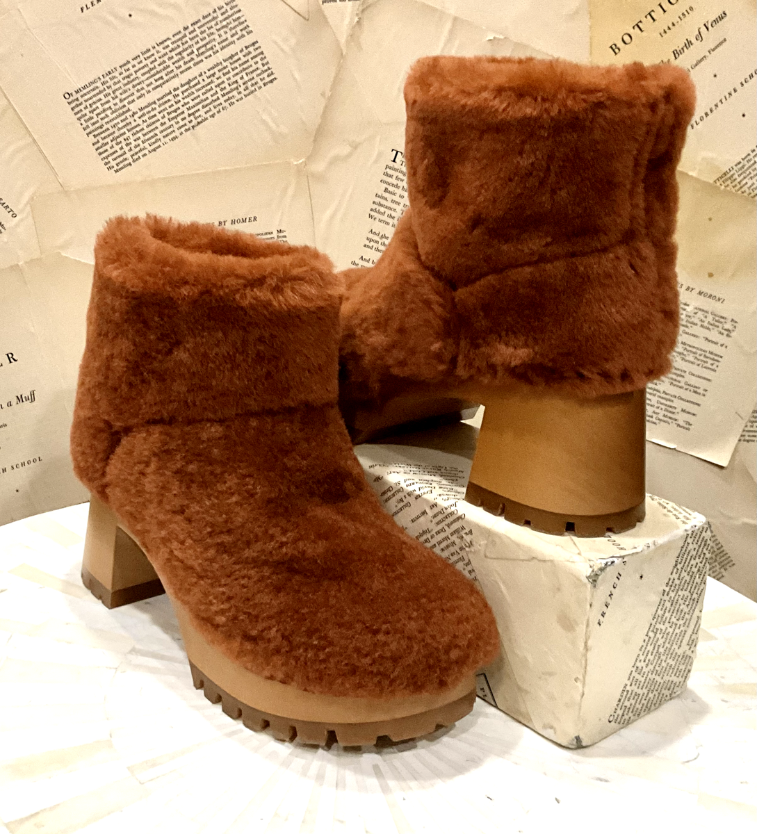 Free People Swedish Hasbeens Fluff Bootie Clog Shearling Cognac NEW