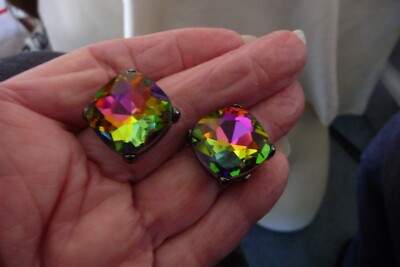 3/4'' SQUARE MULTI COLORED  CRYSTAL IN GRAY SETTING PIERCED EARRINGS  #1610 A