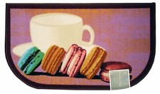 PRINTED NYLON RUG nonskid back 18" x 30" COFFEE CUP MACARONS, D Shaped, KH