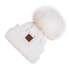Women Winter Pom Pom Beanie Hats Warm Fleece Lined,Chunky Medium-Large White