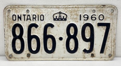 Vintage 60 s Ontario License Plate Crown 866-897 White CANADA EXPIRATION 1960