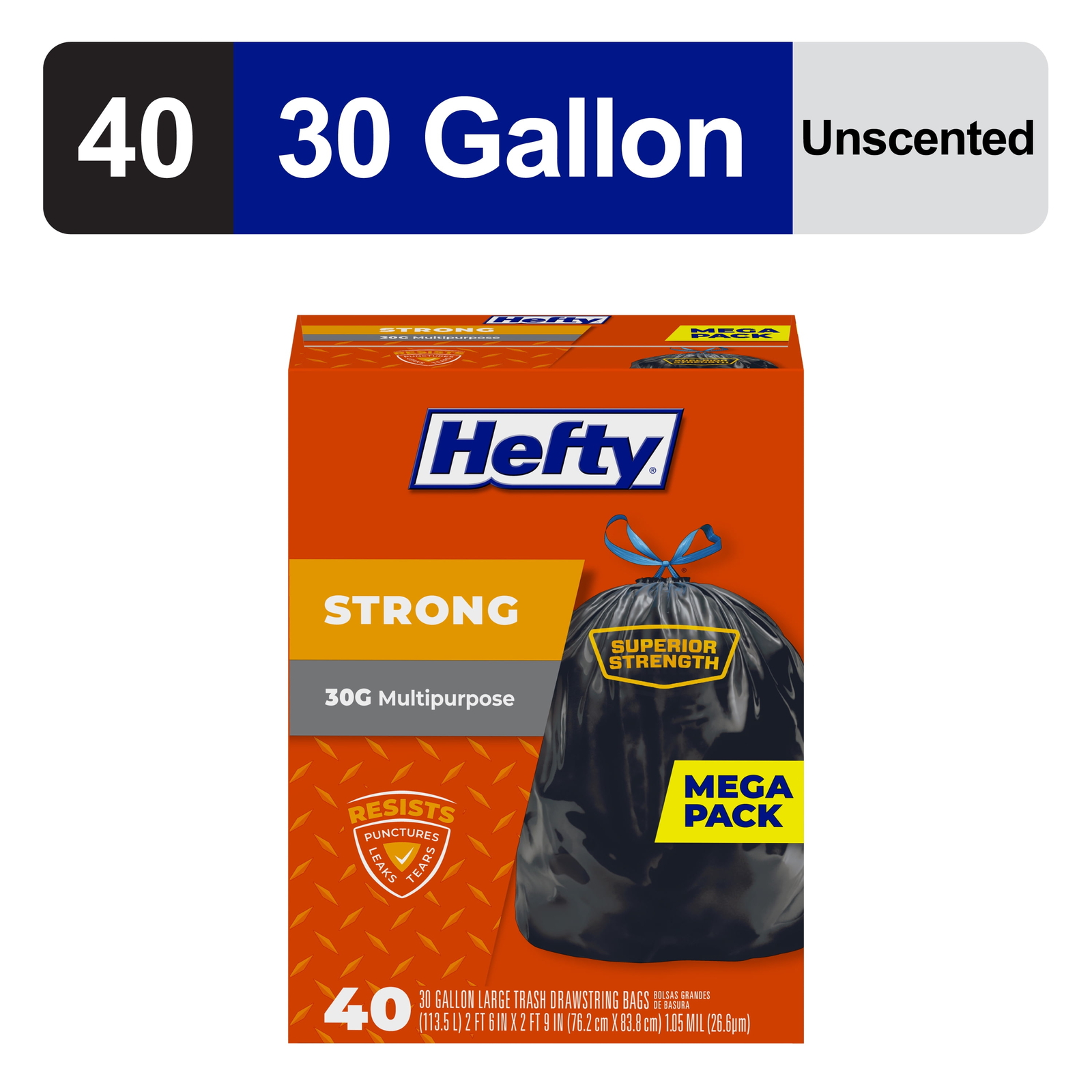 Strong Large Trash Bags, Black, 30 Gallon, 40 Count