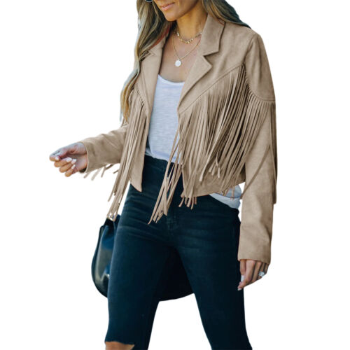 Damen Moto Biker Jacke Chic Cropped Quaste Fransen Kurz Dekor Mantel - Bild 24 von 28