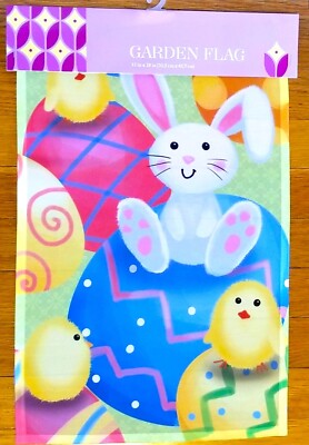 Brand New - Happy Easter Bunny, Chicks and Eggs Colorful Garden Flag - 12'' x 18''