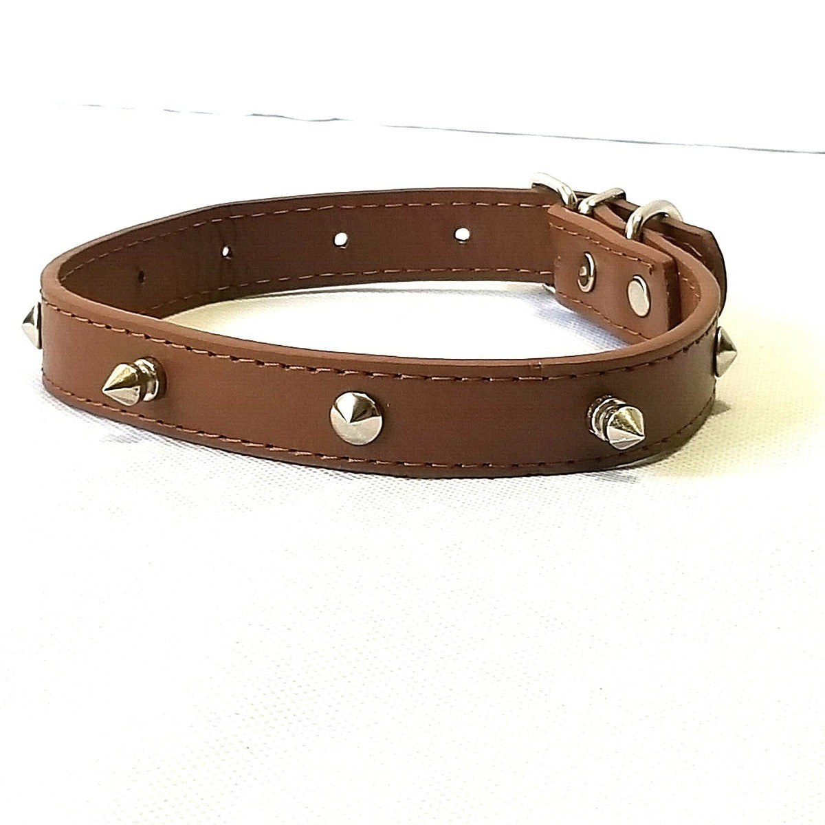 こ*び様 新品Brown by 2tacs Regular collar Ssi Cat, Dog Leather Collar with Spike Rivets Adjustable 16 