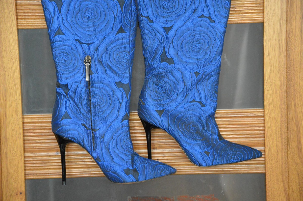 ZARA Rare Blue Floral Fabric Over The Knee High Heel Boots