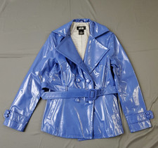 Vintage Mark Alan Coat Womens M Belted Trench Patent 100% Genuine Leather Blue
