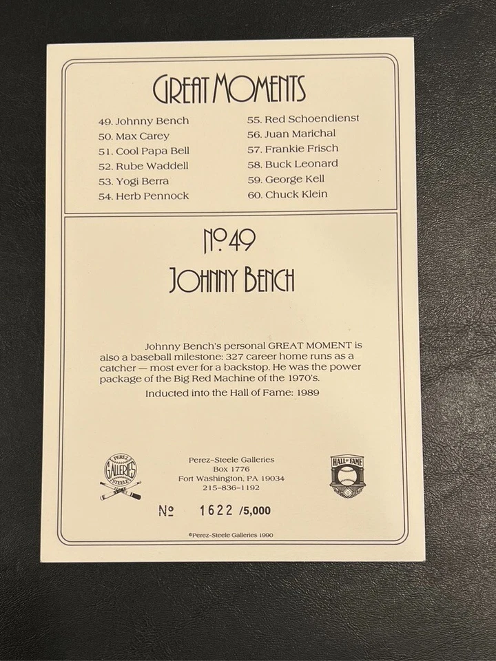 Johnny Bench Hand Signed Baseball Perez-Steele Great Moments LE /5000 - Image 3 of 3