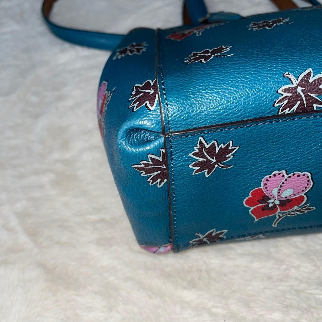 COACH 2way Shoulder Bag Floral Pattern Rose Handbag Leather Blue   Authentic thumbnail 9