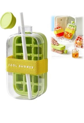 2 in 1 Touch Free Ice Cube Bottle with Straw Easy Release  Mold For Coffee,800ml