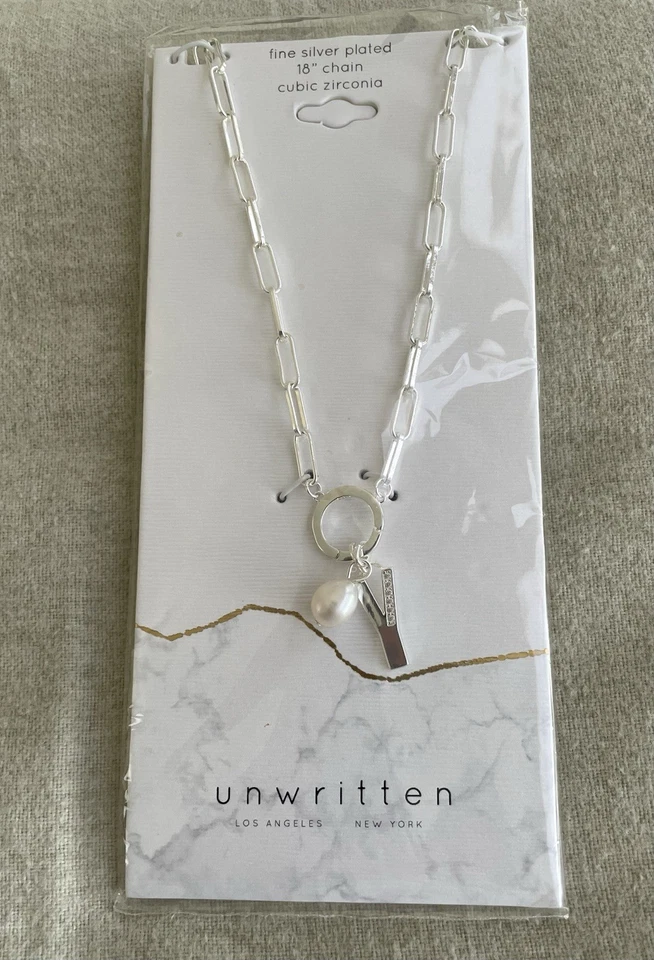 Collar Plato Plata 18" Perla Agua Dulce Inicial Y Circonita Cúbica Sin Escribir Foto 3 de 4