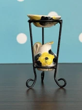 Vintage Dollhouse Miniature Wash Basin And Stand Hand Painted Yellow Black Flora