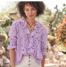 Sundance Floral Button Up Ruffle Blouse Top Cotton Pleated Boho Cottage Small