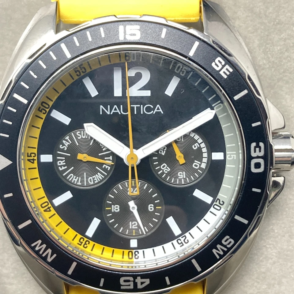 Nautica Watch Men 39mm Silver Tone Day Date Yellow Band w/Box New Battery 9" - Image 3 of 4