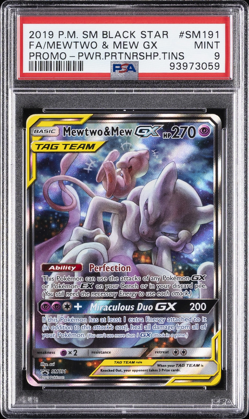 2019 POKEMON SM BLACK STAR PROMO #SM191 FULL ART/MEWTWO & MEW GX PSA 9