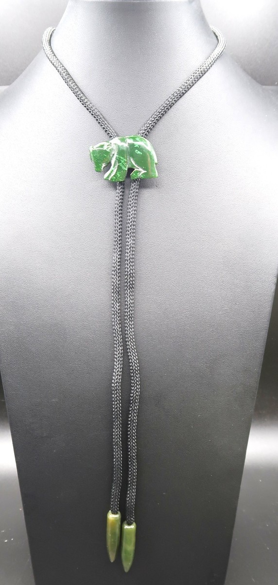 Carved Moss Green Jade Bear Slide & Aiguillettes Bolo Tie Unique Western Wear View 2