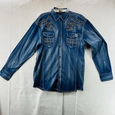 Roar Signature Embellished Y2K Grunge Goth Button Up Blue Shirt Size XL