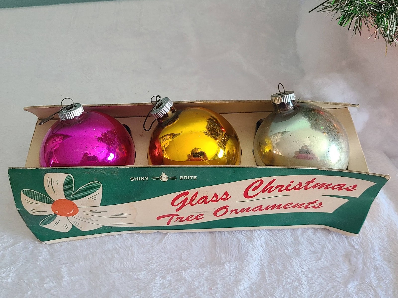 9 Vintage Shiny Brite Mercury Glass Ornaments in 3-Pack Sleeve / boxes 3.25"