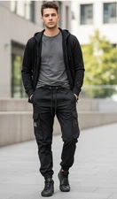 Ron Tomson Mens Black Logo Elastic Waist Cargo Style Jogger Pants Size L NWT