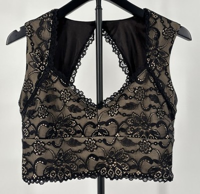 Bebe Black Lace Crop Tank Bra Top Keyhole Back Sweetheart Neck Sleeveless Large
