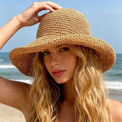 #ad Womens Sun Straw Summer Floppy Beach Hat Wide Brim Lanyard Foldable Rollup NEW $11.00