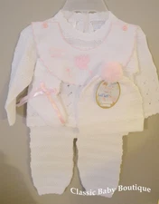 NWT Will'beth White Pink Knit Welcome 4pc Set Preemie Baby Girls Pom Hat Booties