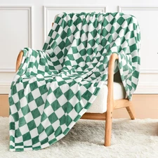 Green Checkered Blanket, Ultra Soft Cozy Flannel - Checkered Grid Print Throws f