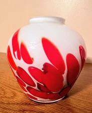 Vintage Hand Blown Cased Art Glass Vase White with Orangish Red, Poland(?)