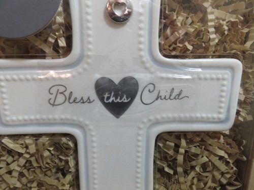 DEMDACO "BLESS THIS CHILD" HANGING CERAMIC BLUE EDGE CROSS 7" NIB BAPTISM BIRTH - Picture 2 of 5