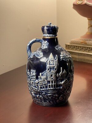Vtg Cobalt Blue Porcelain Jug Music Box Liquor Decanter Crown Top - How Dry I Am