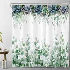 Rustic Green Leaves Succulent Plant Shower Curtain Set for Bathroom Decor