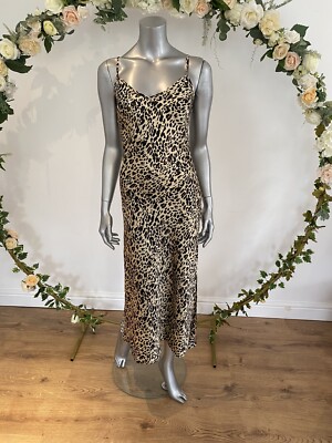 Influence Midi Leopard Print Dress Size 12 Brown Beige Satin Maxi Dress LS21