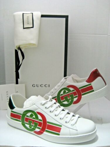 Baskets à lacets neuves GUCCI UK 8,5 hommes US 9 blanc rouge vert GG logo bas haut bas - Photo 1/9