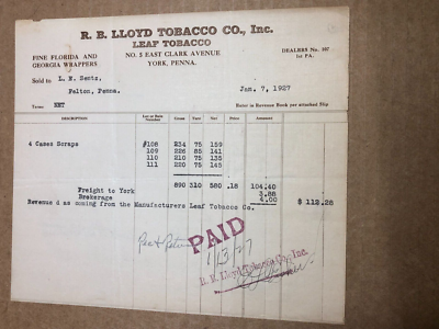 lloyd tobacco Vintage Invoice from R. B. Lloyd Tobacco Co. 1927 York, PA