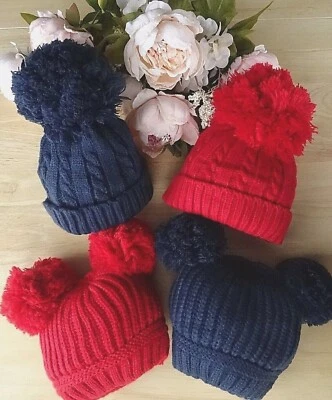 Baby Knitted Winter Hat Boy Girl Pom Poms Red Navy Cable Ribbed 0 6m