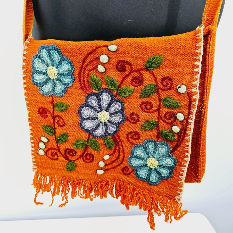 Peruvian Crossbody Bag Wool Floral Embroidered Orange Colorful Boho Hippie Retro - Image 2 of 4