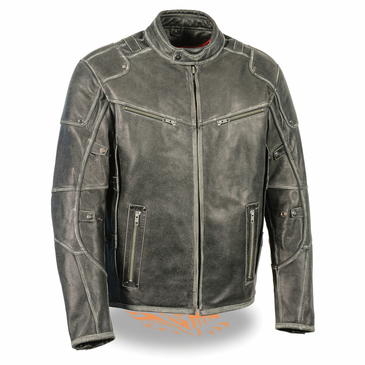 MENS MOTORCYCLE VINTAGE DISTRESSED GREY LEATHER JACKET w/ TWO GUN