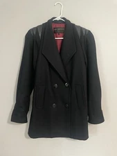 David Benjamin Women’s Sz 4 Wool Black Pea Coat Dbl Breasted Leather Accents